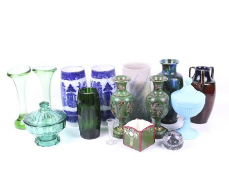 A collection of glass and ceramic vases. Including a pair of Doulton Burslem vases in the 'Old Willow' pattern, a Victorian t