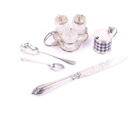 A small quantity of silver tableware. Including a silver mounted mustard pot with blue glass liner and spoon, hallmarks for H