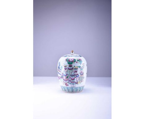 A Chinese famille rose vase and cover, late Qing Dynasty, 19th centuryOf ovoid form, the flat round cover with a cone finial,