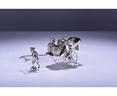 A Chinese silver rickshaw condiment set by Tack Hing, Hong Kong 1890-1920The carriage containing salt, pepper and mustard pot