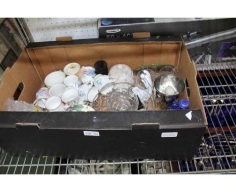 A BOX CONTAINING A SELECTION OF DOMESTIC CHINA &amp; GLASSWARES to include a series of Royal Albert sweet pea patterned cups 