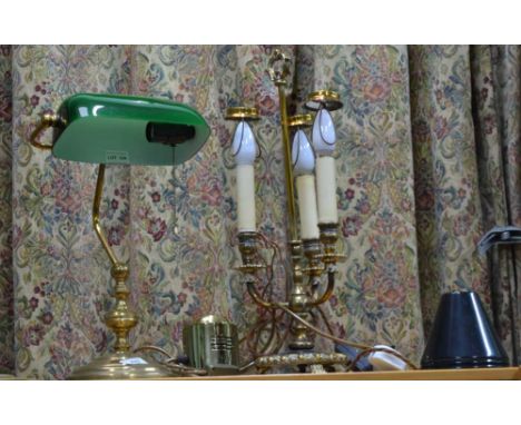 THREE BRASS COLOURED TABLE LAMPS to include one bankers lamp 