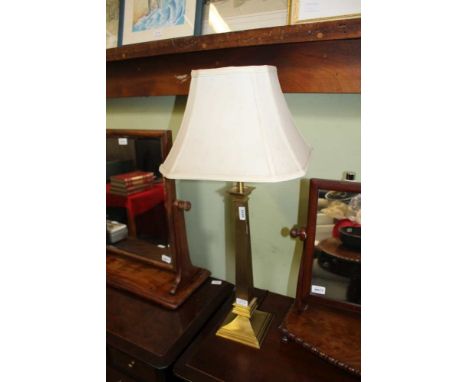 A PLAIN BRUSHED BRASS COLUMNED TABLE LAMP &amp; SHADE 