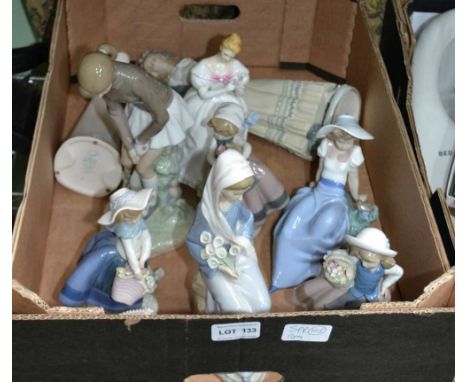 A BOX CONTAINING A SELECTION OF FEMALE FIGURINES, the majority being LladroCondition: Six Lladro & one Nao, one Doulton Lady,