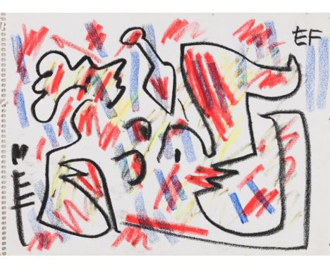 Ecker, Franz (1943-1999)Ohne TitelFarbkreide auf PapierMonogrammiert rechts oben24 x 32,5 cmAls Inspirationsquelle für Franz 