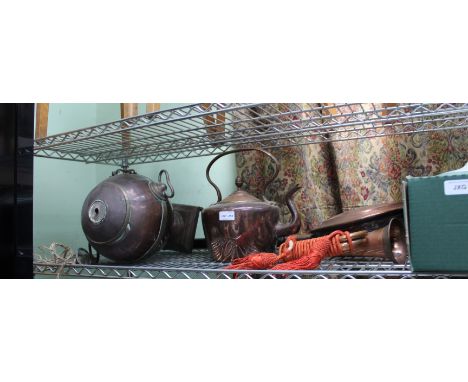 A SELECTION OF COPPER WARES VARIOUS to include a bugle 
