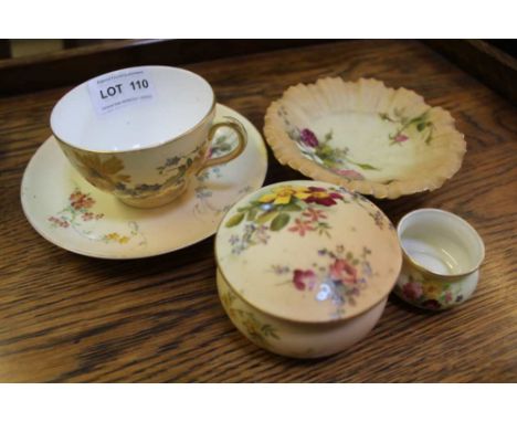 A SELECTION OF ROYAL WORCESTER PORCELAIN ITEMS, all blush ivory ground with hand painted floral decoration, includes a cup an