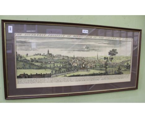 A COLOURED PRINT DEPICTING THE SOUTH WEST PROSPECT OF BIRMINGHAM after the original by Buck, in 1731 