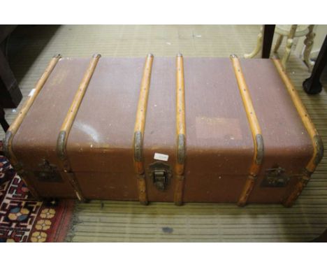 A BEECH BOUND PAINTED HESSIAN STEAMER TRUNK 