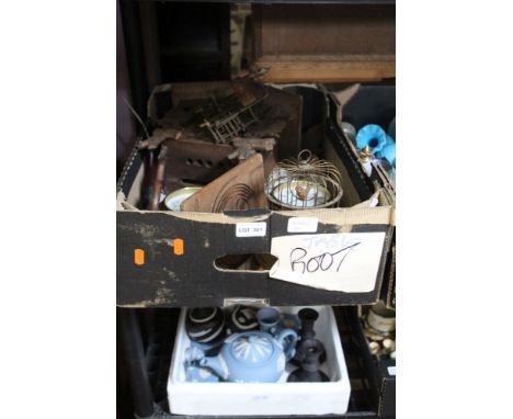 A BOX CONTAINING A WOODEN CUCKOO CLOCK together with other items 