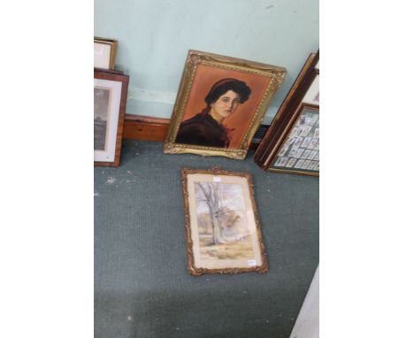 AN OIL ON CANVAS FEMALE PORTRAIT STUDY together with a watercolour of trees by a stream 