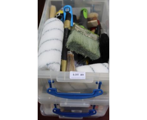 TWO CRATES OF TOOLS &amp; ACCESSORIES APPERTAINING TO THE WALL, some for decorating, some for picture hanging 
