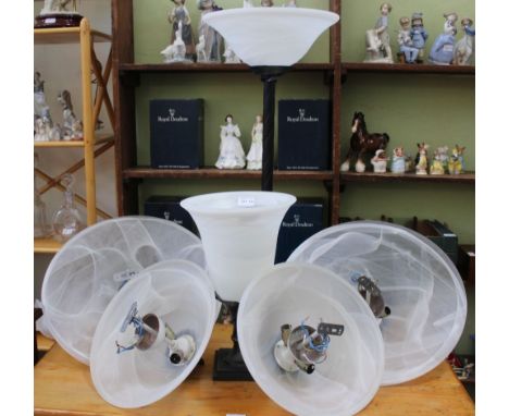 AN OPAQUE GLASS SHADED LIGHT SUITE comprising, four ceiling lights, one floor standing uplighter, and a table lamp 