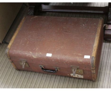 A BEECH BOUND HESSIAN COVERED HARDSHELL TRUNK, containing a smaller similar case 