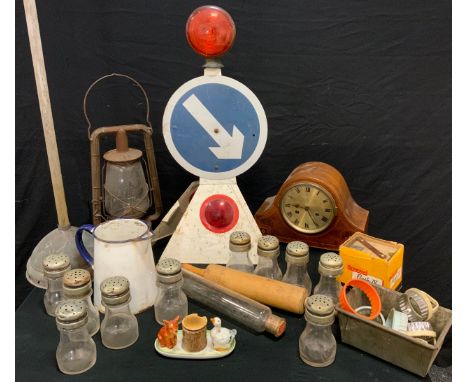 A Greenham Traffic direction lamp, triangular three light base, arrow disk column, single warning light head, 64cm high;  a t