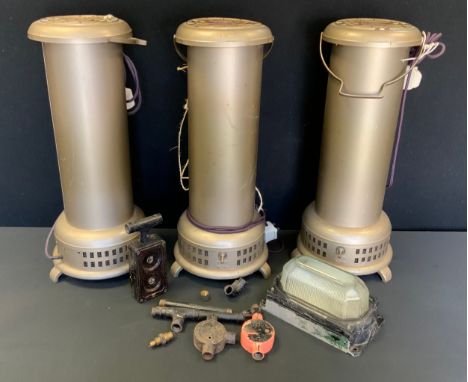 A trio of Belling green house heaters;  a vintage cast iron Revo wall light and fitting. 