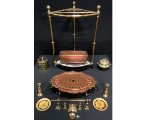 A Late Victorian tubular brass corner stick stand, cast iron base;  an Arts &amp; Crafts copper and iron warming stand with b