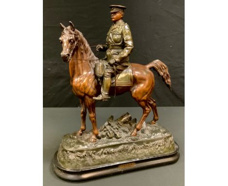 After Ruffony, French, painted spelter, mounted army officer, the base with cannon, titled, 53c, high, 40cm wide 
