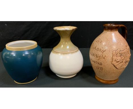A David Yorath for Denby stoneware trial vase, mottled flared neck above creamy white bulbous base, incised signature and mar