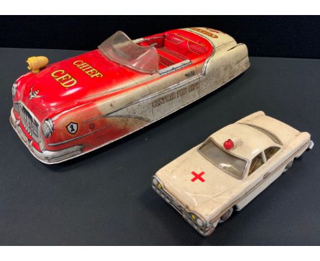 Toys &amp; Juvenalia - a large Marx Toys tinplate Central Fire Department car, 51cm long, unboxed and a cream tinplate car, u