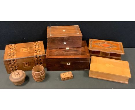 A 19th century tunbridge inlaid snuff box;  another jewellery box;  others musical etc;  a H M S Ganges barrel etc. 