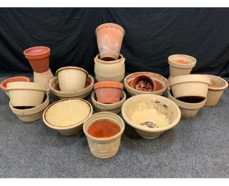A Terracotta Pancheon bowl, glazed interior, 43.5cm diameter x 21cm tall, converted for use as a garden planter; another, sli