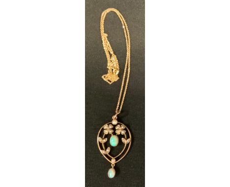 An Edwardian opal and seed pearl oval pendant necklace, 9ct gold mount, 4g gross 