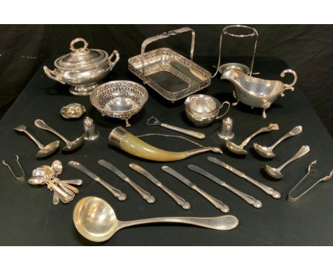 A Victorian silver plated oval sauce tureen and cover;  gravy boat;  swing handle basket;  flatware etc 