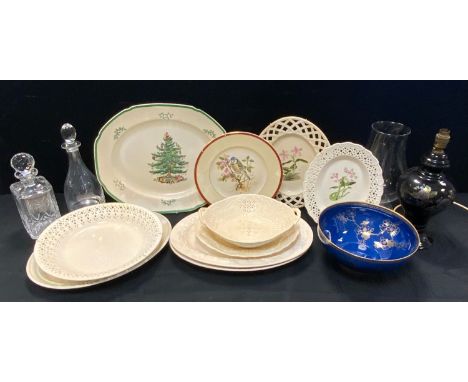 Ceramics &amp; Glass - a Spode blue and gilt fruit bowl;  Christmas tree pattern meat platter;  others Leeds creamware, decan