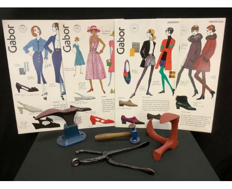 Advertising &amp; Cobblers Tools - an adjustable last; another; heat tongs etc; a set of four Gabor fashion prints.