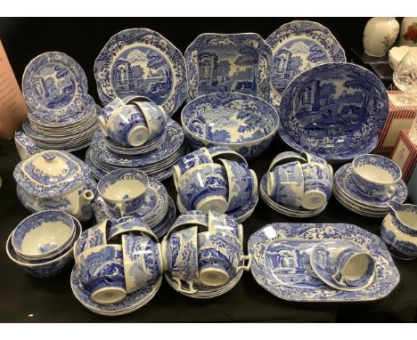 A Copeland Spode Italian pattern blue and white tea and coffee service inc plates, bowls, cups, saucers, teapot, fruit bowl e