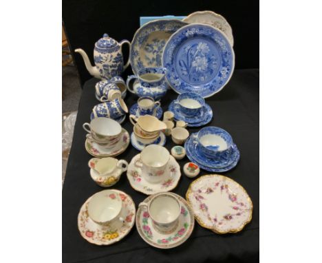 A pair of Spode Italian pattern teacups, saucers and side plates; other blue and white;  two Royal Crown Derby Antoinette pat