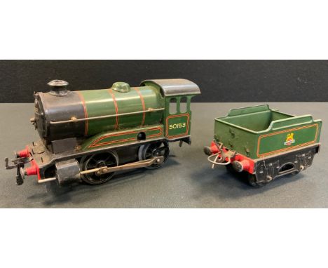 Toys &amp; Juvenalia - a Hornby O Gauge Type 51 tinplate and clockwork 0-4-0 locomotive and four wheel tender, B.R. green liv