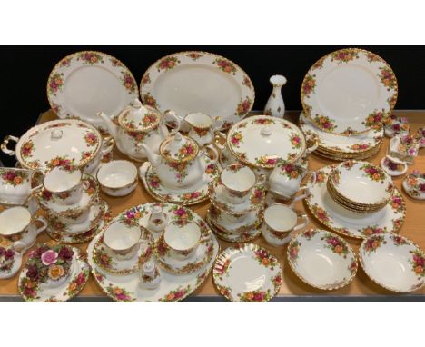 An Extensive Royal Albert Old Country Rose pattern six setting dinner and tea service inc three and two tier cake stands, two