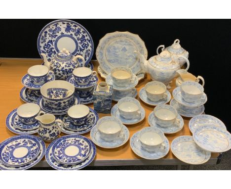 A Coalport Belfort pattern blue and white part tea set;  Booths British Scenery pattern tea caddy;  19th century willow patte