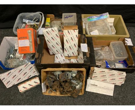 Tools and Fittings - a box of Liebig safety bolts, six Laidlaw Mortice sash locks, 60mm; pulley wheels, fixings, etc qty 