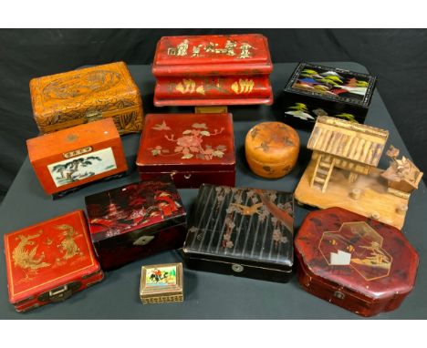 A Japanese red lacquered rectangular tea caddy, two section interior , decorated with figures;  other boxes, carved, black, e