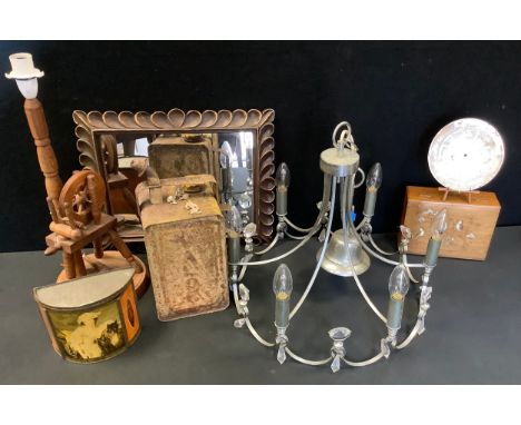 A novelty lamp base, in the form of a spinning wheel;  a Esso paraffin can;  a five light ceiling light;  a mirror;  a novelt