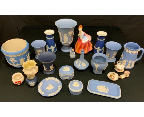 Ceramics - a Wedgwood pale blue Jasperware vase;  others, planter, pair of tapering cylinder vases, trinket dishes etc;  Roya