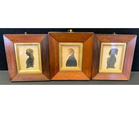 A 19th century portrait miniature, Studious Gentleman, watercolour, 8.5cm x 6.5cm;  a pair of silhouette miniatures, ladies, 