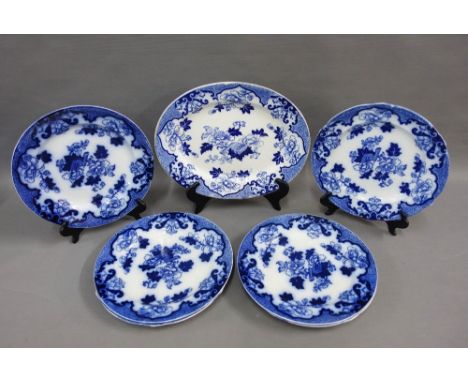 Set of six 19th century Cauldron blue and white plates and matching serving dish, (7)