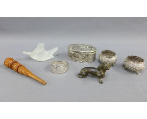 Mixed lot to include a pair of Eastern white metal salts, Viners silver plated trinket box, white metal napkin ring, fruitwoo