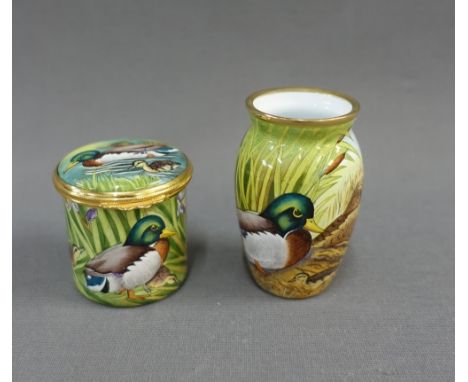 Moorcroft enamel baluster  vase and box, in duck pattern, with factory backstamps and initials SJS, tallest 6.5cm (2) 