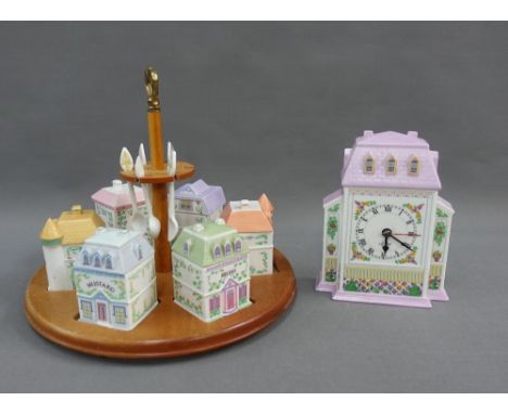 Set of Six Brook &amp; Bentley  condiment jars on a circular wooden stands, with five ceramic spoons and a similar Lennox por