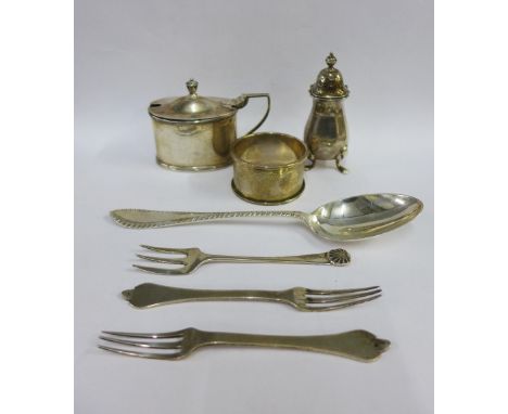 Silver items to include a Chester silver napkin ring, Sheffield silver spoon, three silver pickle forks, Birmingham silver pe