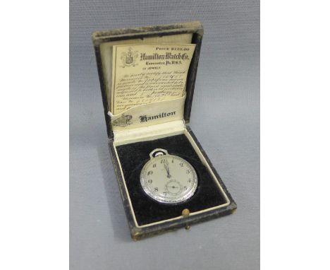 Hamilton silver case open faced pocket watch, movement numbered 1863858, boxed with original price card