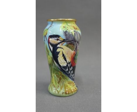 Moorcroft enamel baluster vase with bird pattern, signed Creed, No.35/75,  with factory backstamps, 10cm high