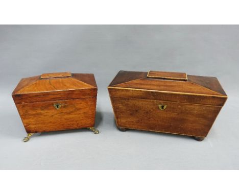 19th century mahogany sarcophagus shaped tea caddy on four bun feet , 27 x 16 x 13cm, together with another of smaller propor