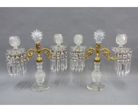 Pair of early 19th century glass candelabra with lustres, with gilt metal mounts and detachable scones, 35cm high (2)