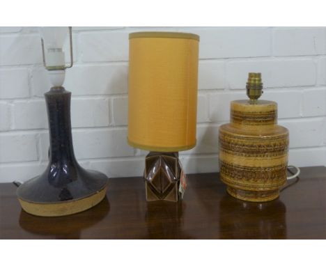 Three retro pottery table lamp bases to include Axella of Denmark, Holkham and a Bitossi style, etc (3) 
